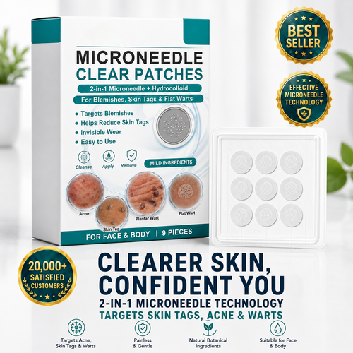 2-in-1 Microneedle & Hydrocolloid Patch 🌿 Invisible Face & Body Patches for Raised Moles, Acne, Flat Warts & Skin Tags - Helps Improve the Appearance of Wrinkles, Scars & Blemishes